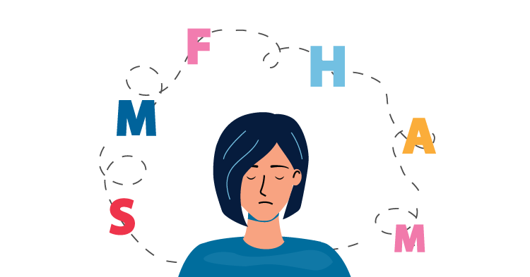 An illustration of a woman with colored alphabet letters floating around her head