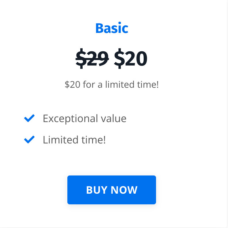 a software's basic subscription plan showing strikethrough price of $29 and discounted price of $20 with a blue Buy Now button