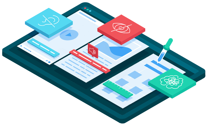 illustration shows different accessibility related icons (color picker, magnifier, eye, ear, and html code)